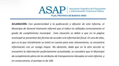 La Municipalidad de General Viamonte logró la rectificación del informe y obtuvo el máximo puntaje en transparencia fiscal