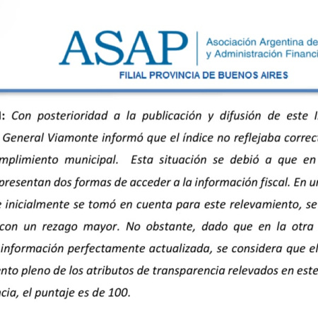 La Municipalidad de General Viamonte logró la rectificación del informe y obtuvo el máximo puntaje en transparencia fiscal
